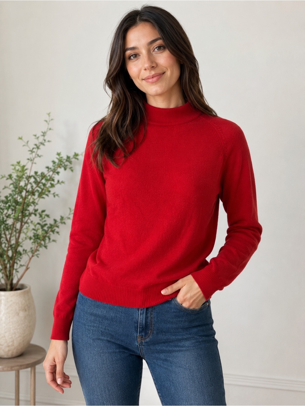 Vintage 100% Wool Red Mock Neck Sweater | Classic Knit Pullover